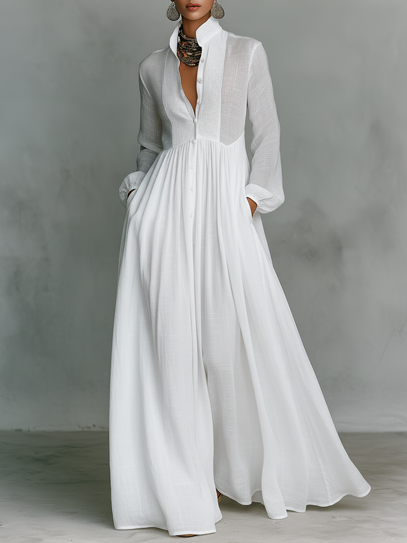 Trendé™ | Ariella Baumwoll-Leinen-Maxikleid mit langen Ärmeln und Knopfleiste