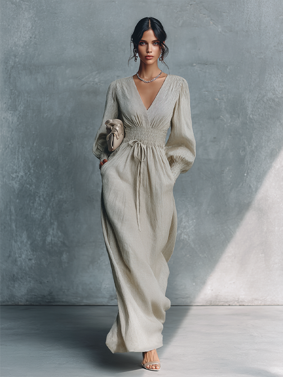 Trendé™ | Savina Baumwoll-Leinen-Maxikleid mit V-Ausschnitt und Streifenmuster