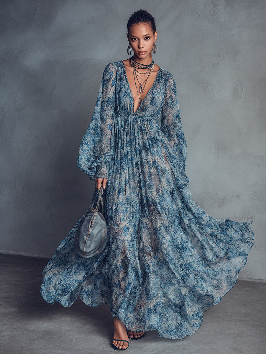 Trendé™ | Viola Chiffon-Maxikleid mit V-Ausschnitt und Laternenärmeln