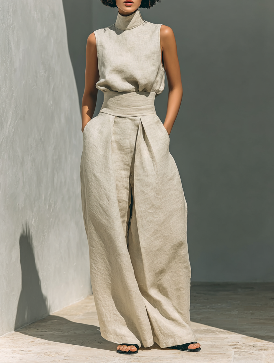 Trendé™ | Set aus ärmelloser Bluse und Hose mit weitem Bein aus einer Baumwoll- und Leinenmischung