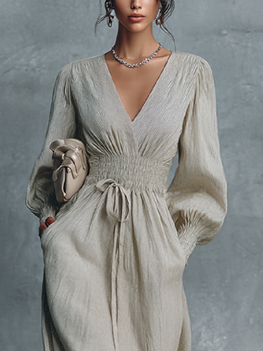 Trendé™ | Savina Baumwoll-Leinen-Maxikleid mit V-Ausschnitt und Streifenmuster