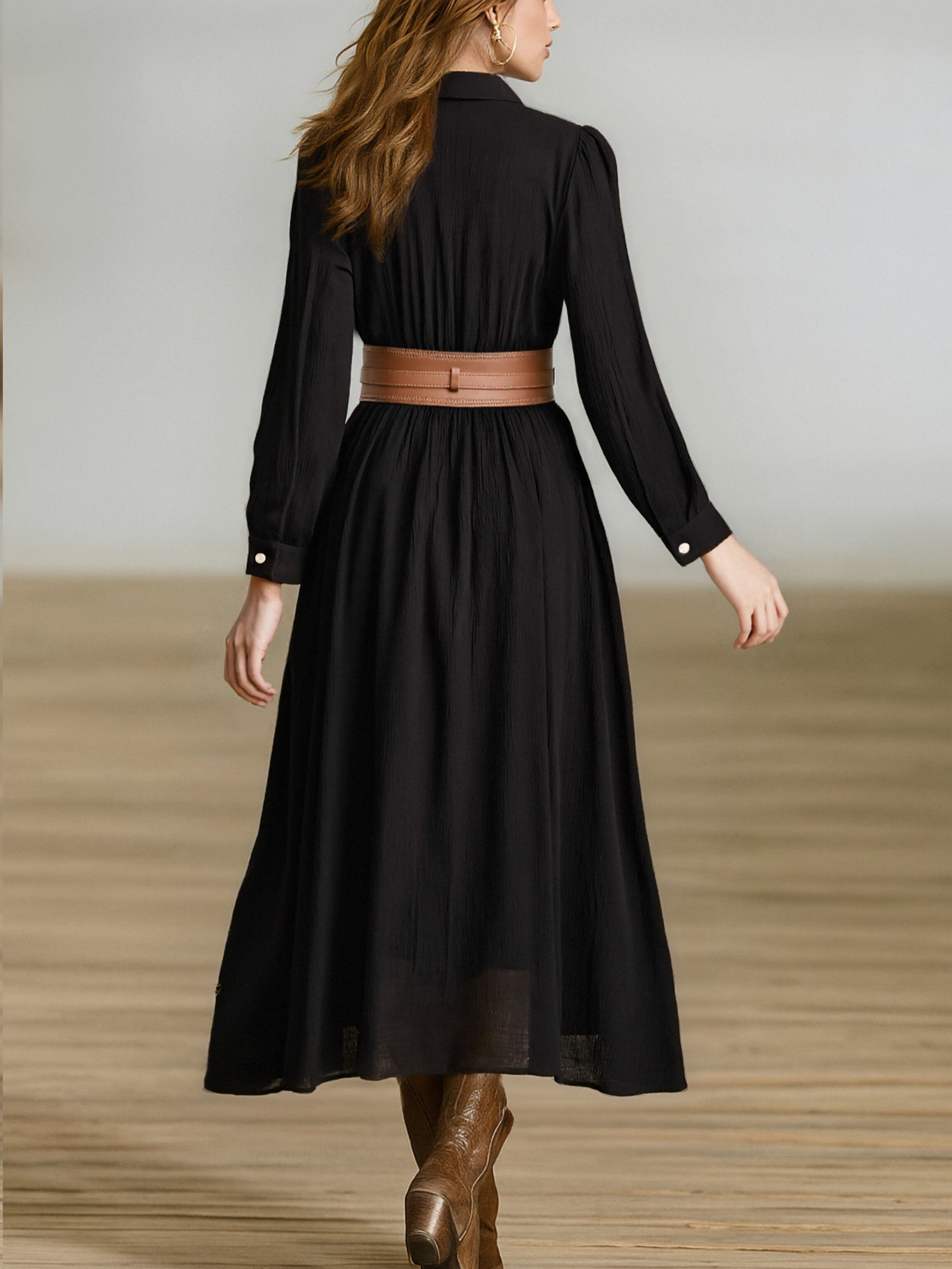 Trendé™ | Josefine Baumwoll-Leinen-Maxikleid mit langen Ärmeln und Plisseefalten