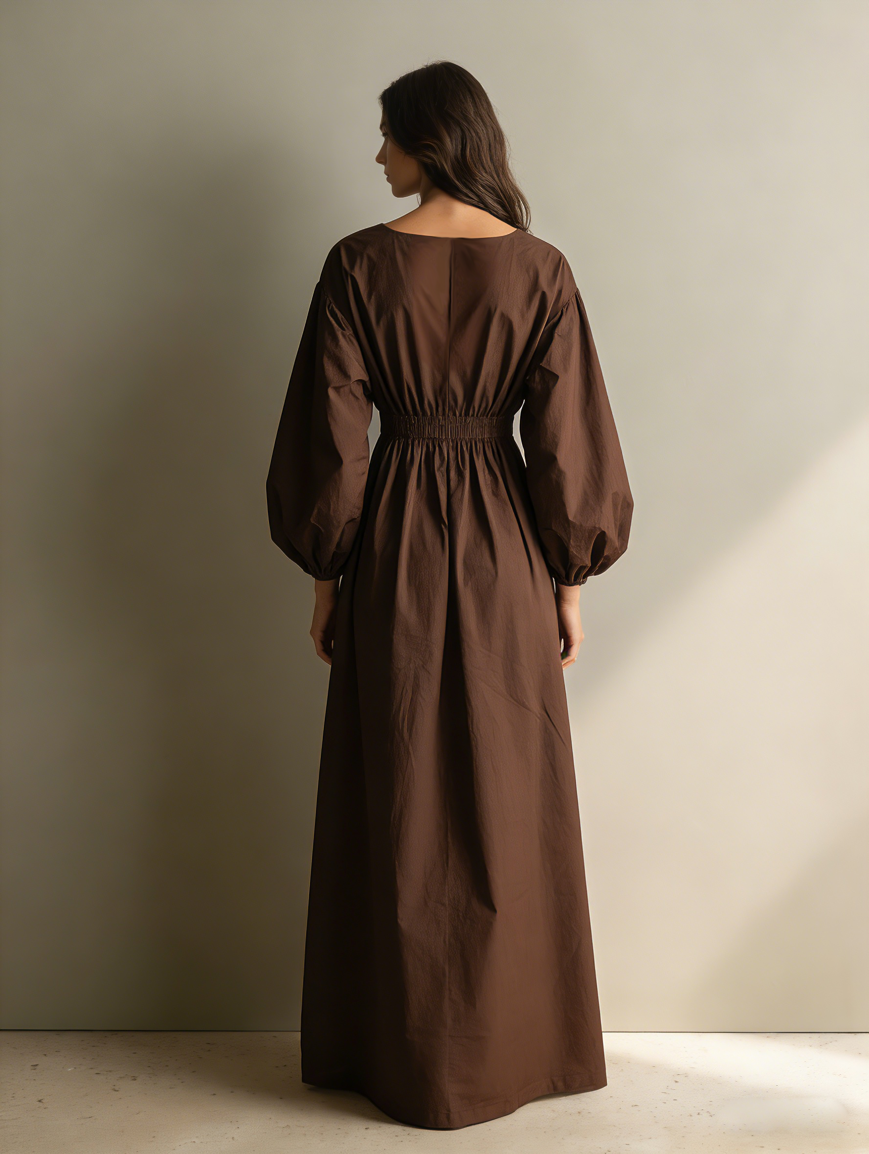 Trendé™ | Sonia Baumwoll-Leinen-Maxikleid mit V-Ausschnitt und langen Ärmeln