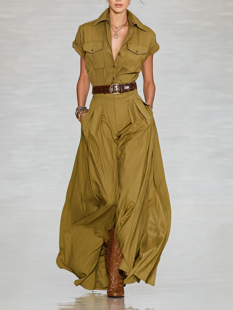 Trendé™ | Rafaela Baumwollmix-Maxikleid mit kurzen Ärmeln und Knopfleiste