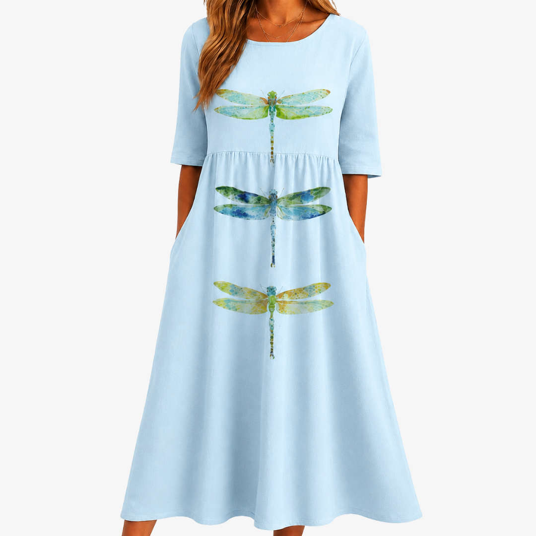 Trendé™ | Sky Meadow Midi-Kleid mit Libellenmotiv und Taschen