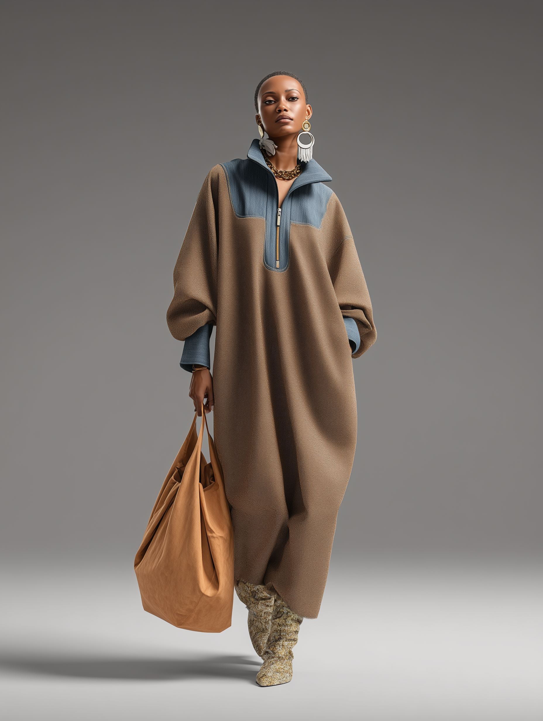 Trendé™ | Vanessa Denim-Maxikleid mit Stehkragen und lockerer Passform