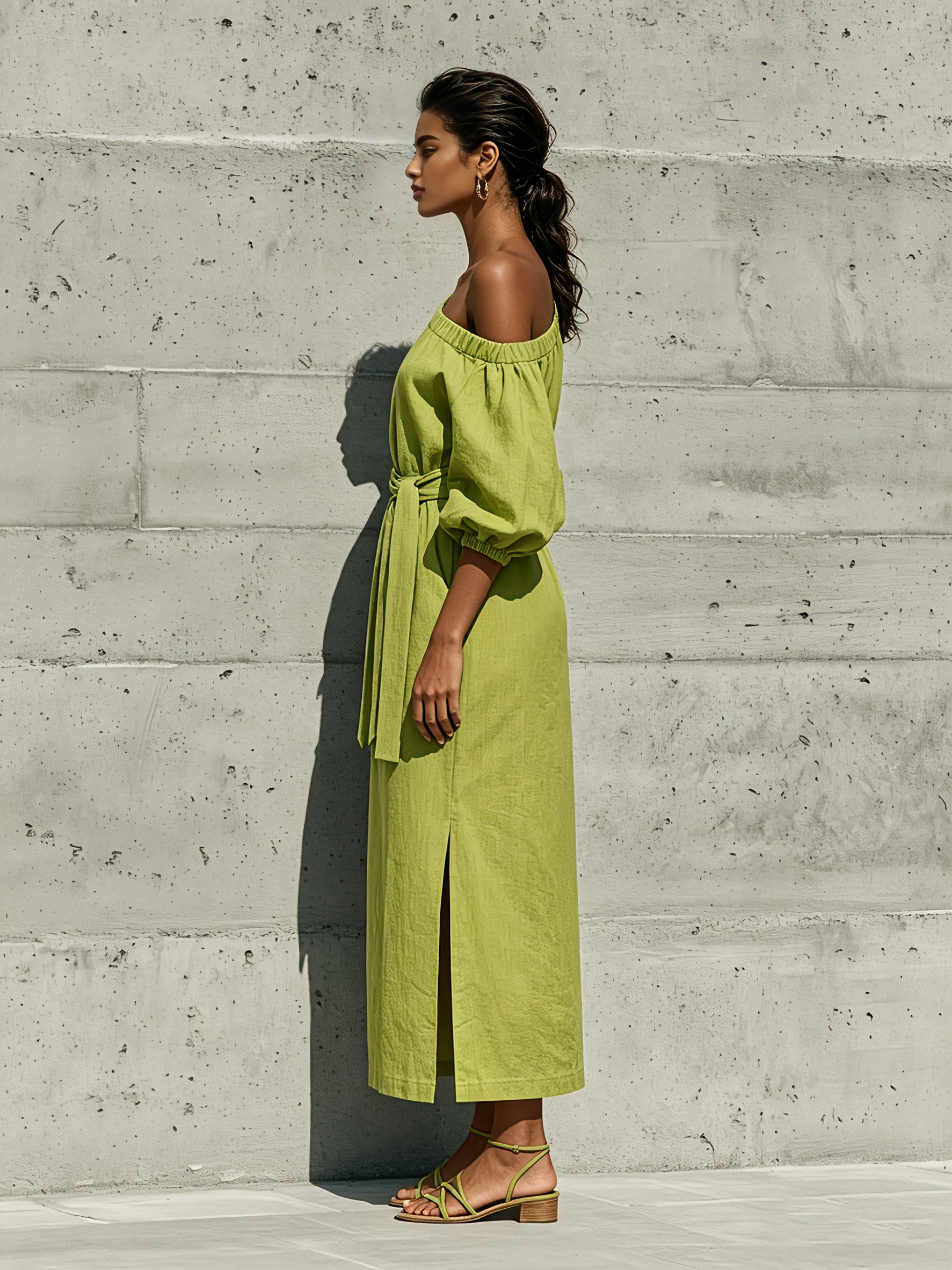 Trendé™ | Desiree Leinenmix-Midikleid mit Off-Shoulder-Schnitt und Puffärmeln