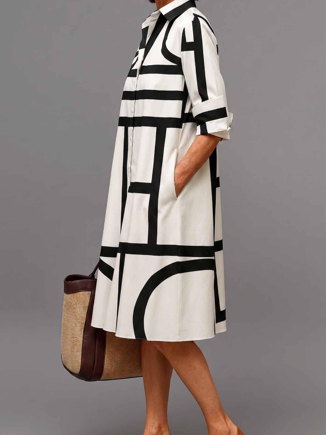 Trendé™ | Ellie Gepflegtes Midi-Kleid in Weiss-Schwarz