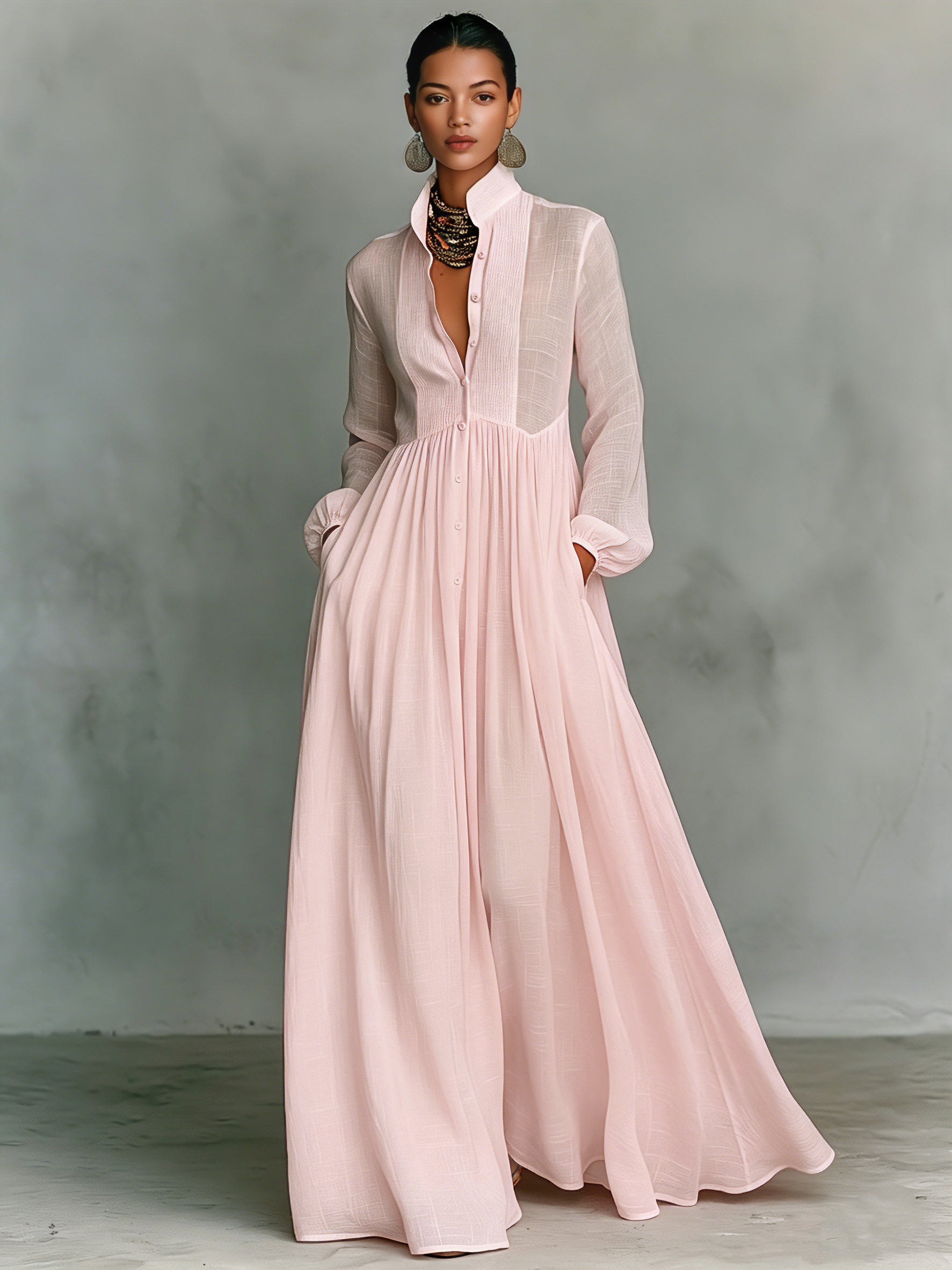 Trendé™ | Ariella Baumwoll-Leinen-Maxikleid mit langen Ärmeln und Knopfleiste