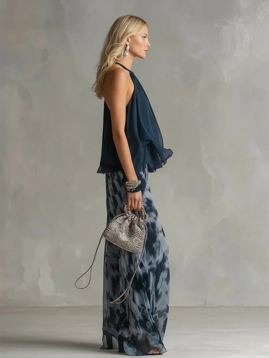 Ludovica – Elegantes Chiffon-Set mit hochgeschlossenem Oberteil und weit geschnittenen, bedruckten Hosen