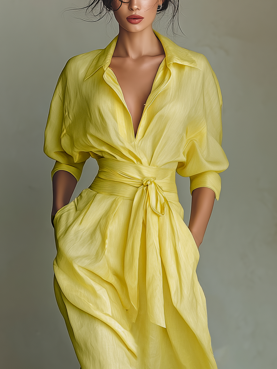 Trendé™ | Lana Baumwoll-Leinen-Hemdkleid mit Taillenband und betonter Taille