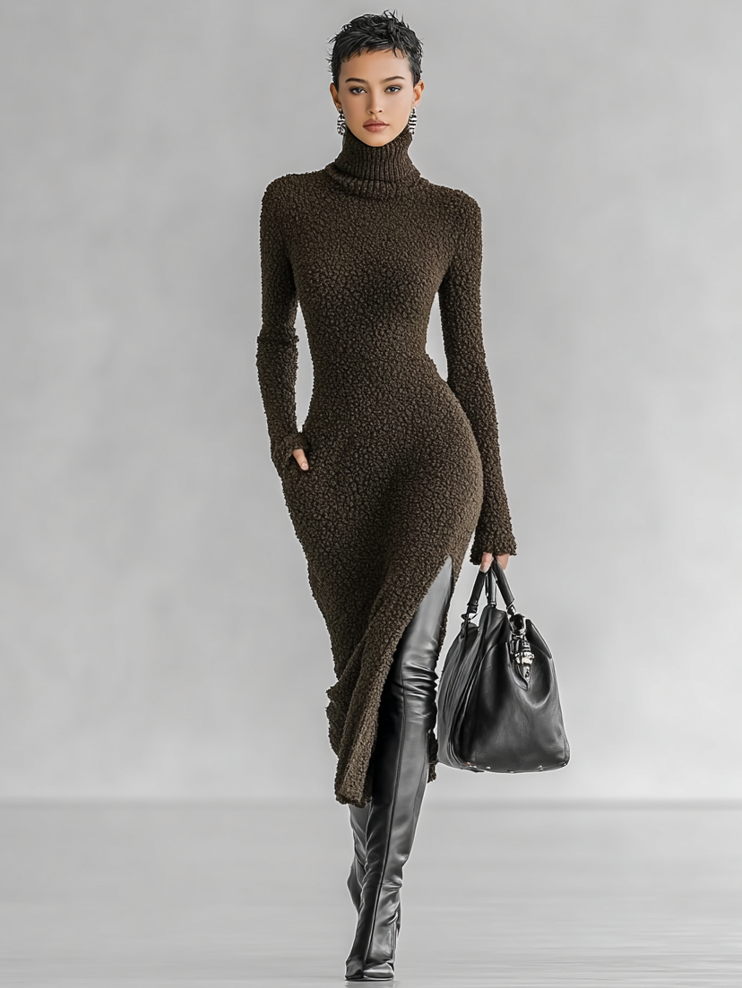 Trendé™ | Nives Strick-Midikleid mit hohem Kragen und Schlitz