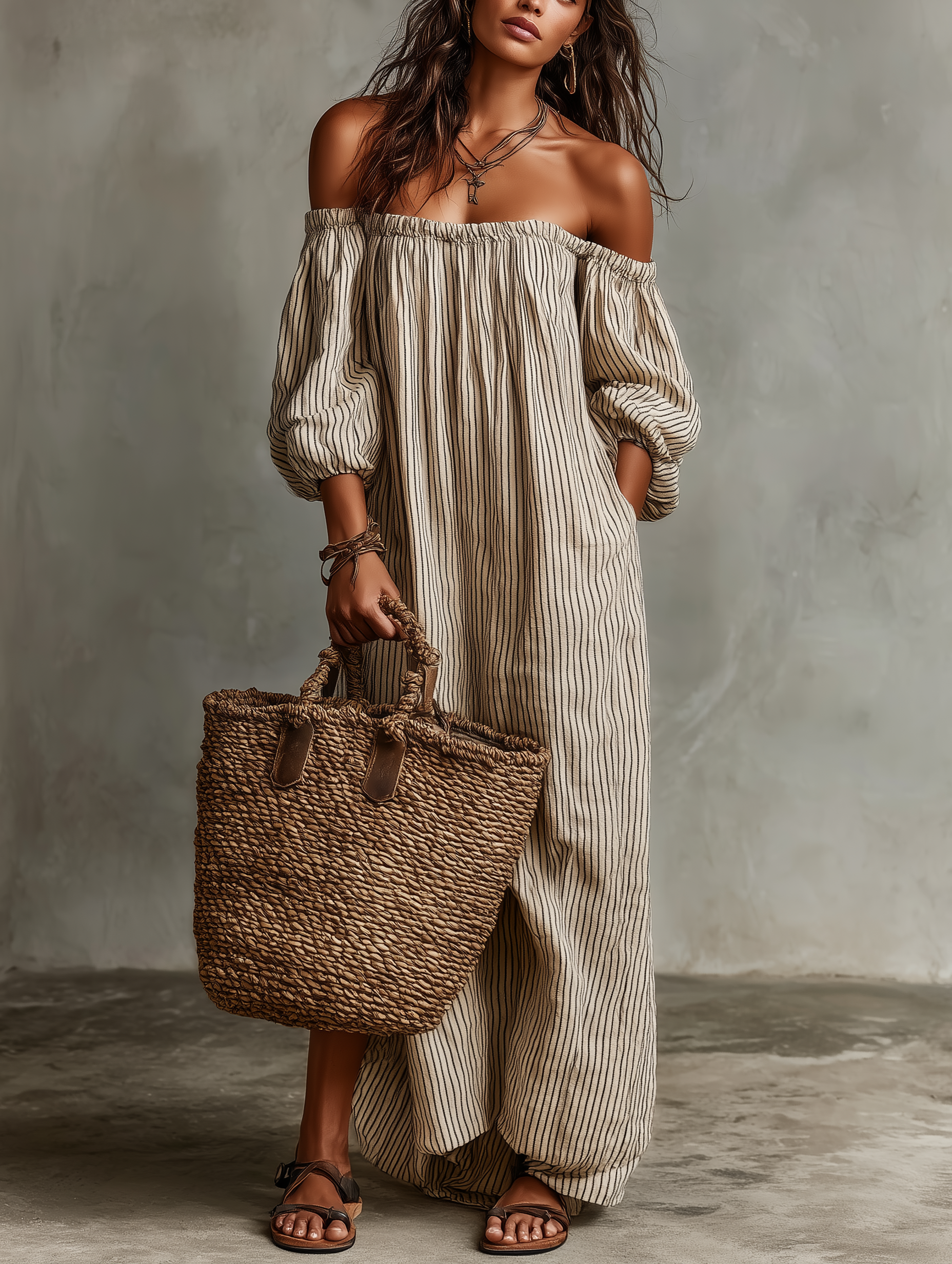 Trendé™ | Emilia Baumwoll-Leinen-Maxikleid mit Off-Shoulder-Schnitt und langen Ärmeln