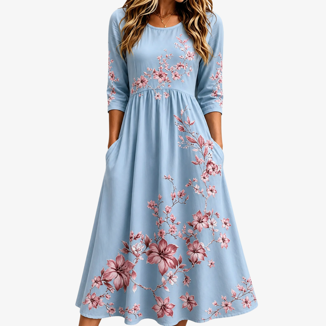Trendé™ | Sky Blossom Wochenend-Midikleid mit Blumenakzenten