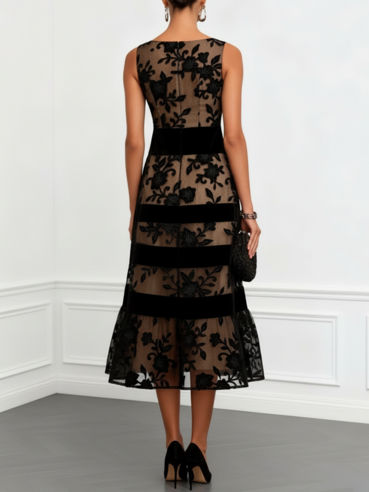 Schwarzes, ärmelloses A-Linien-Midi-Kleid aus Netzstoff mit Blumenmuster