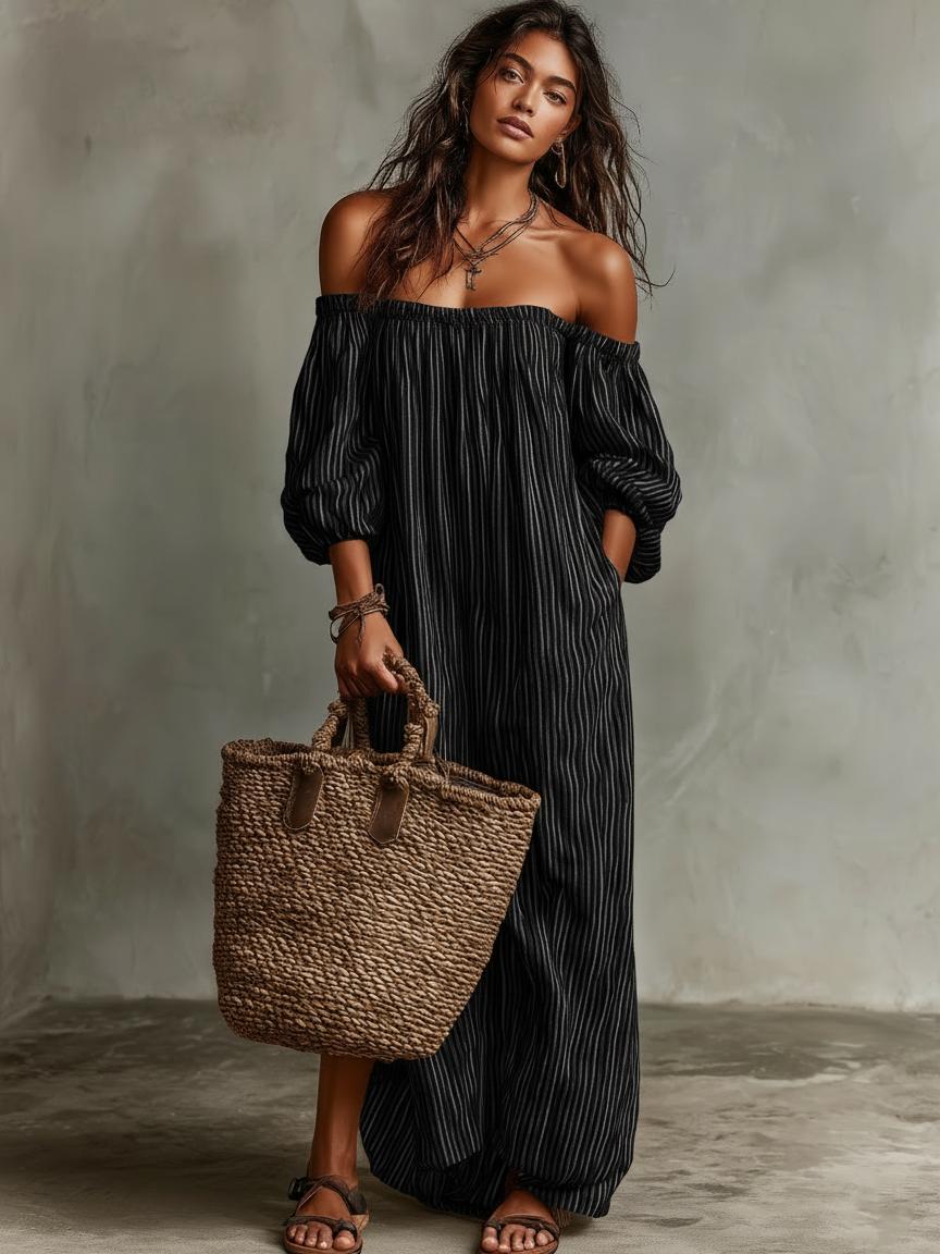 Trendé™ | Emilia Baumwoll-Leinen-Maxikleid mit Off-Shoulder-Schnitt und langen Ärmeln