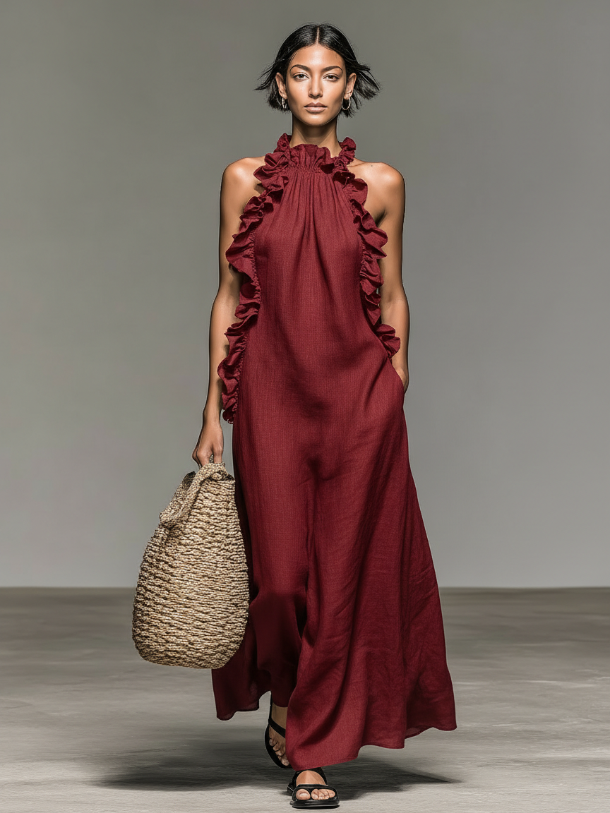 Trendé™ | Gina Leinenmix-Maxikleid mit ärmellosem Schnitt und Volants