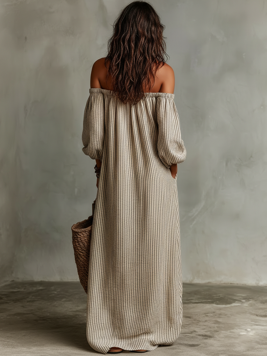 Trendé™ | Emilia Baumwoll-Leinen-Maxikleid mit Off-Shoulder-Schnitt und langen Ärmeln