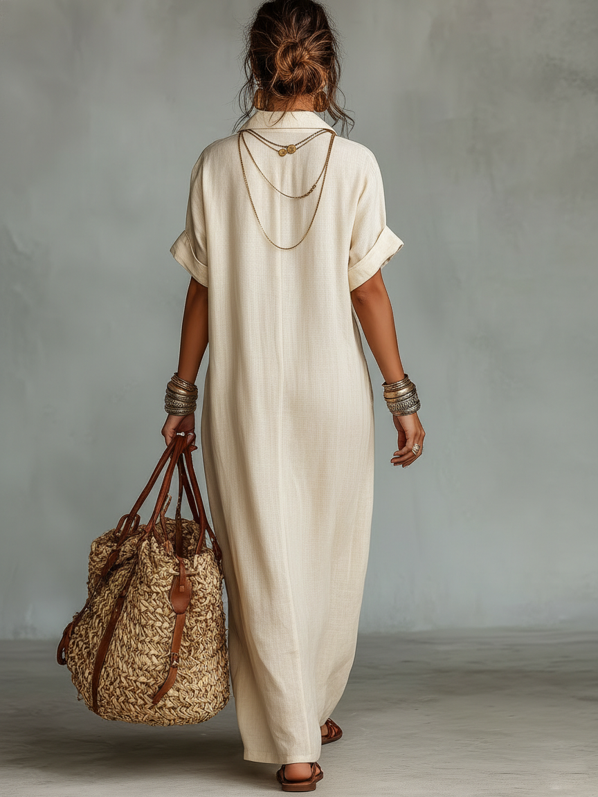 Trendé™ | Maya Leinenmix-Maxikleid mit kurzen Ärmeln und Stickerei