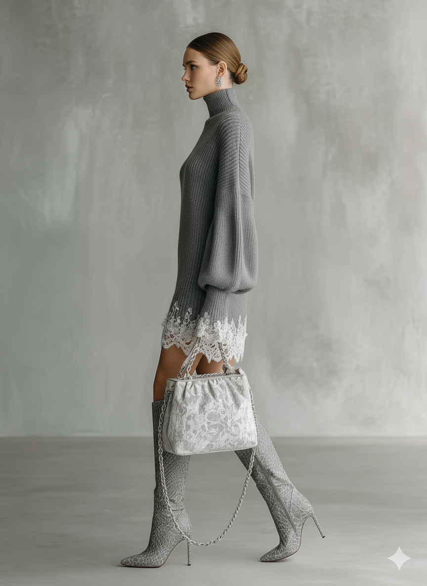 Trendé™ | Marisa Strick-Minikleid mit Rollkragen und Spitzendetails