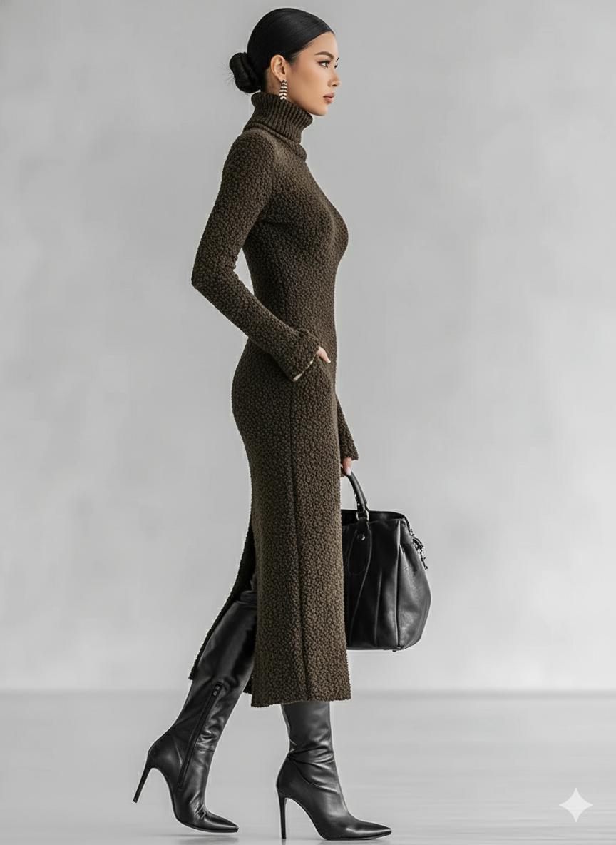 Trendé™ | Nives Strick-Midikleid mit hohem Kragen und Schlitz