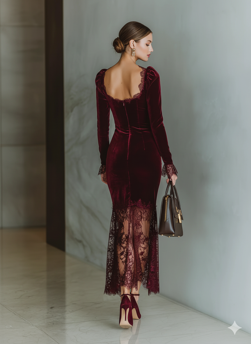 Trendé™ | Mathilda Velours-Maxikleid mit Spitzendetails und figurbetontem Schnitt