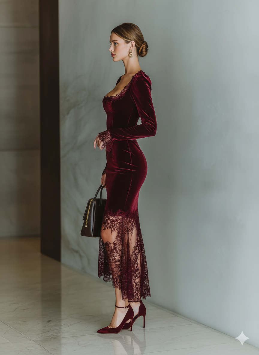 Trendé™ | Mathilda Velours-Maxikleid mit Spitzendetails und figurbetontem Schnitt