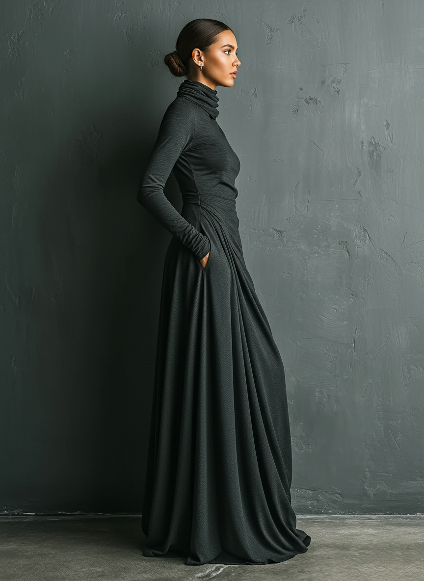 Trendé™ | Pia Baumwollmix-Maxikleid mit Rollkragen und Drapierung