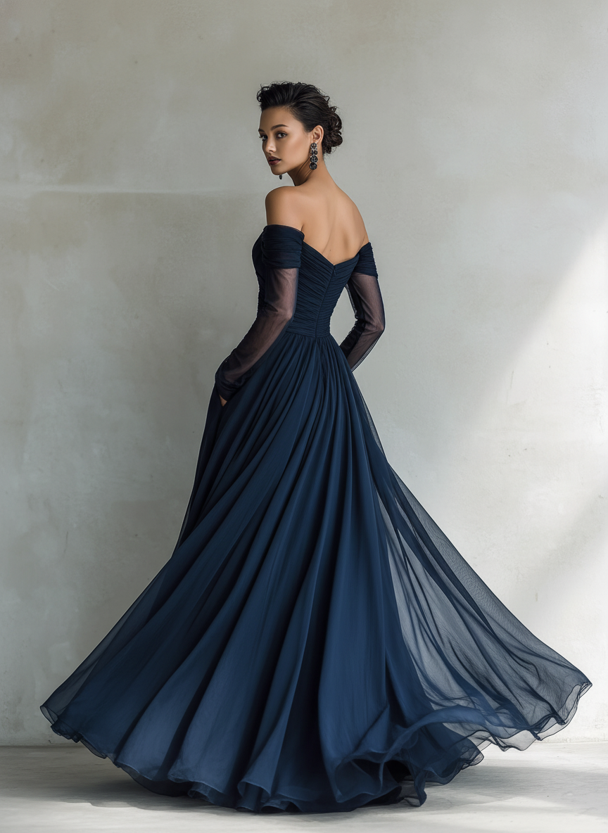 Trendé™ | Sabrina Chiffon-Organza-Maxikleid mit Off-Shoulder-Schnitt und langen Ärmeln