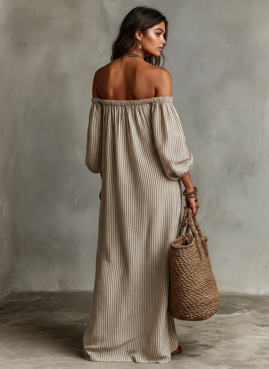 Trendé™ | Emilia Baumwoll-Leinen-Maxikleid mit Off-Shoulder-Schnitt und langen Ärmeln