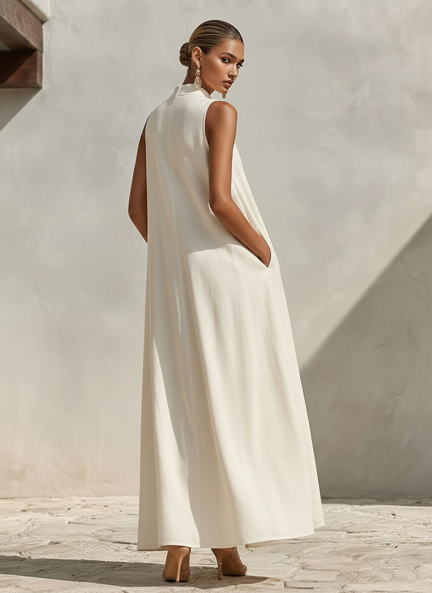 Trendé™ | Maribel Leinenmix-Maxikleid mit V-Ausschnitt und Stehkragen