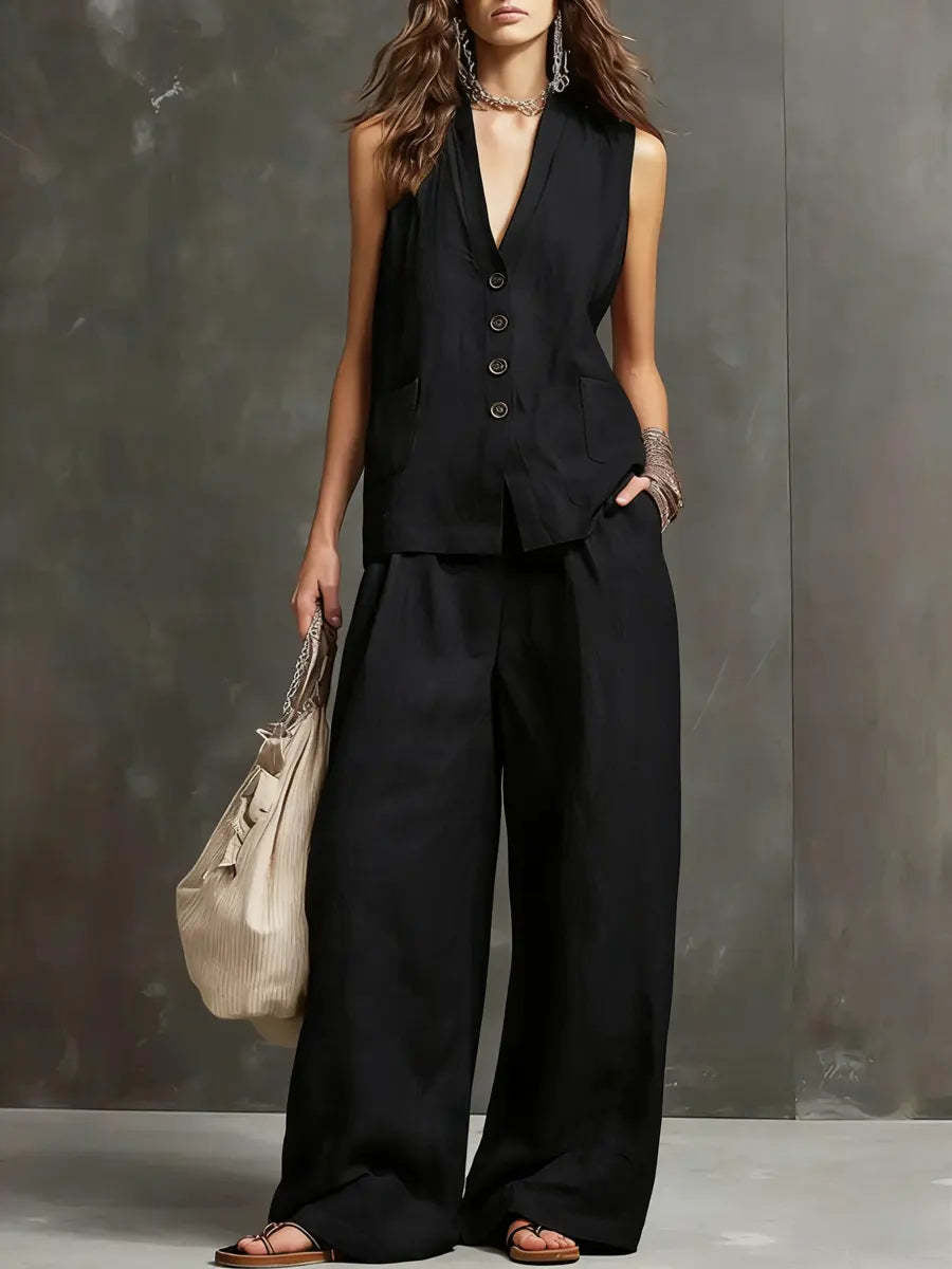 Trendé™ | Alice Baumwoll-Leinen Set mit Weste und weiter Hose