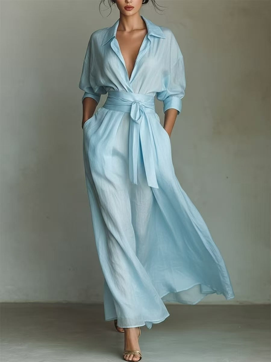 Vittoria | Maxikleid im Hemdblusenstil in Zitronengelb mit Gürtel