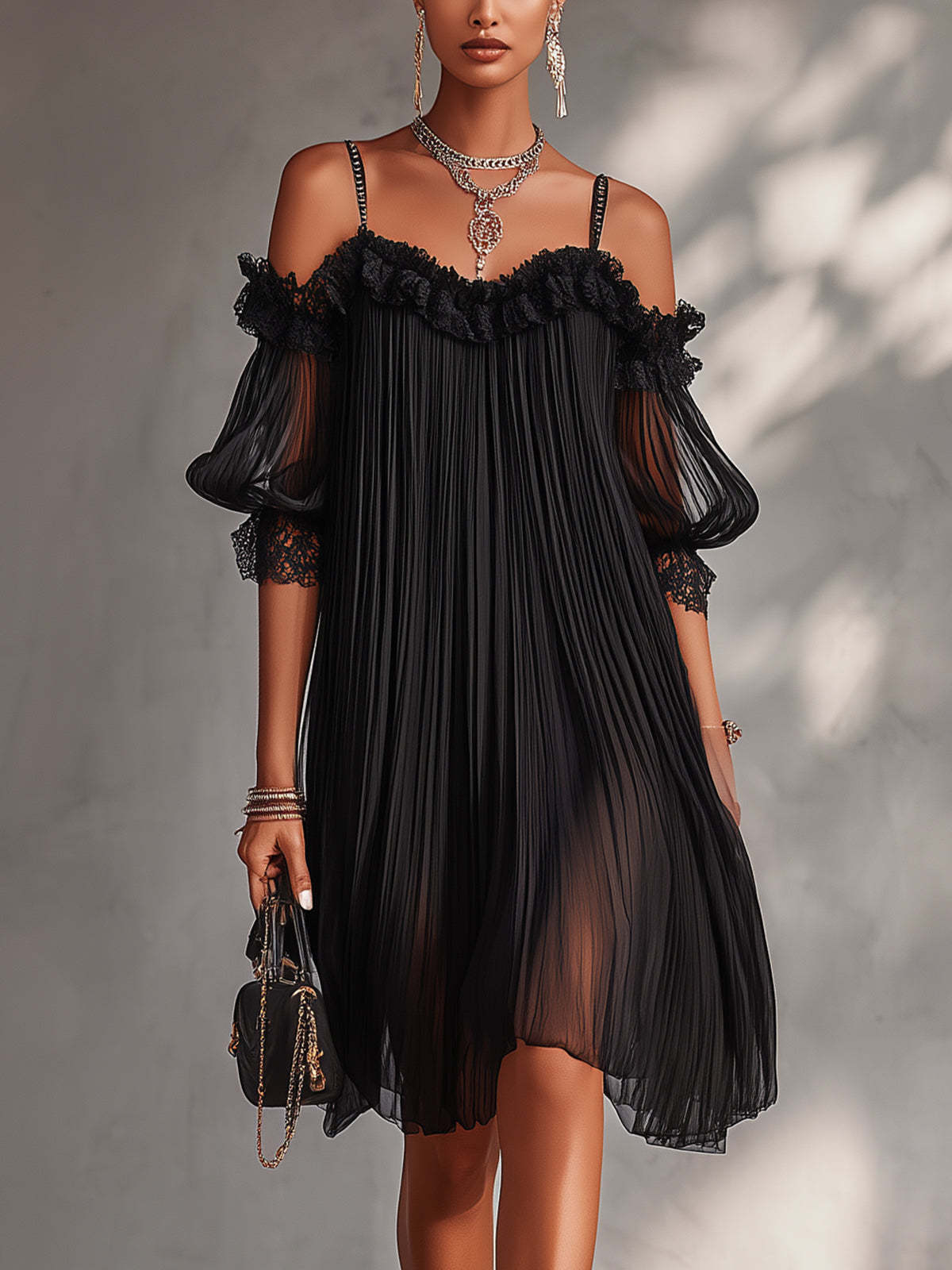 Vittoria | Schwarzes Chiffon-Minikleid mit schulterfreiem Ausschnitt und Spitzenbesatz