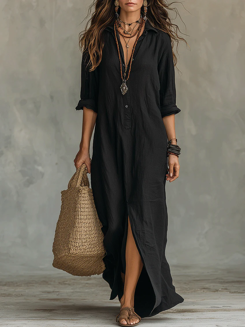 Trendé™ | Soline™ | Locker sitzendes schwarzes Maxikleid mit Knöpfen