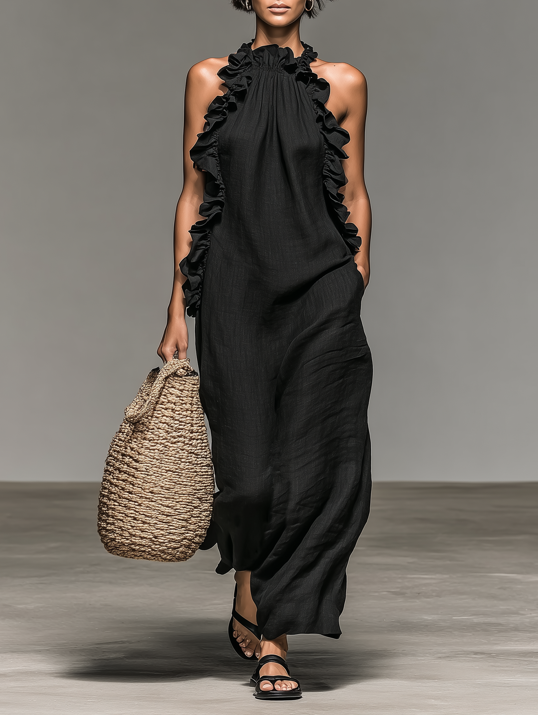Trendé™ | Gina Leinenmix-Maxikleid mit ärmellosem Schnitt und Volants