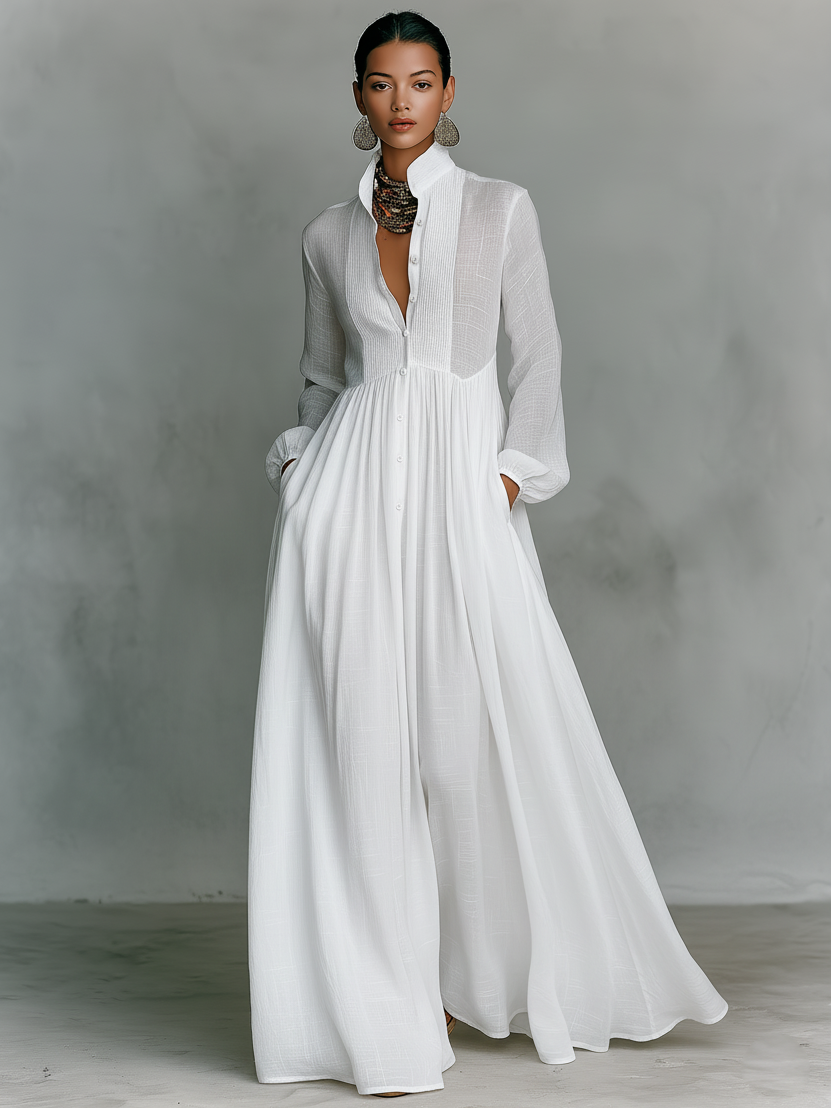 Trendé™ | Ariella Baumwoll-Leinen-Maxikleid mit langen Ärmeln und Knopfleiste