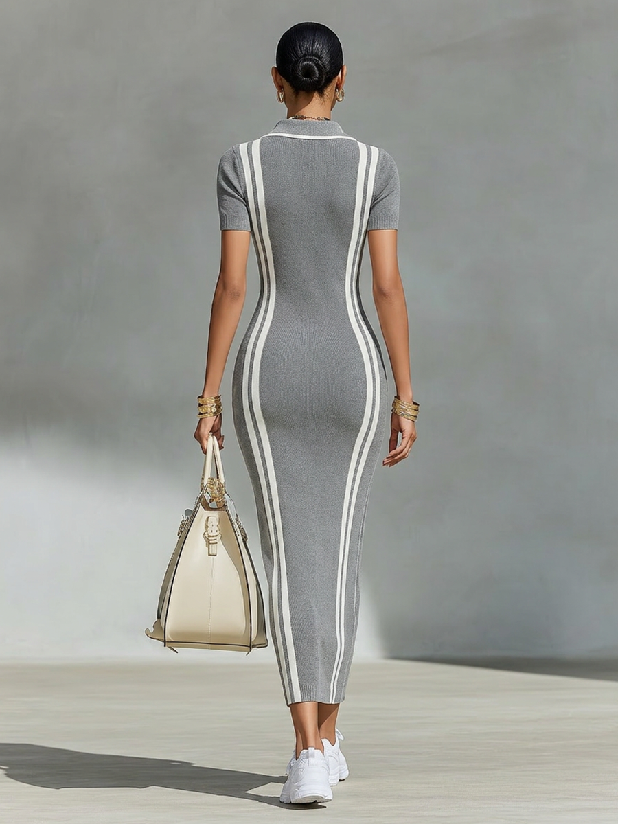 Trendé™ | Amara Strick-Maxikleid mit Polokragen und Streifenmuster