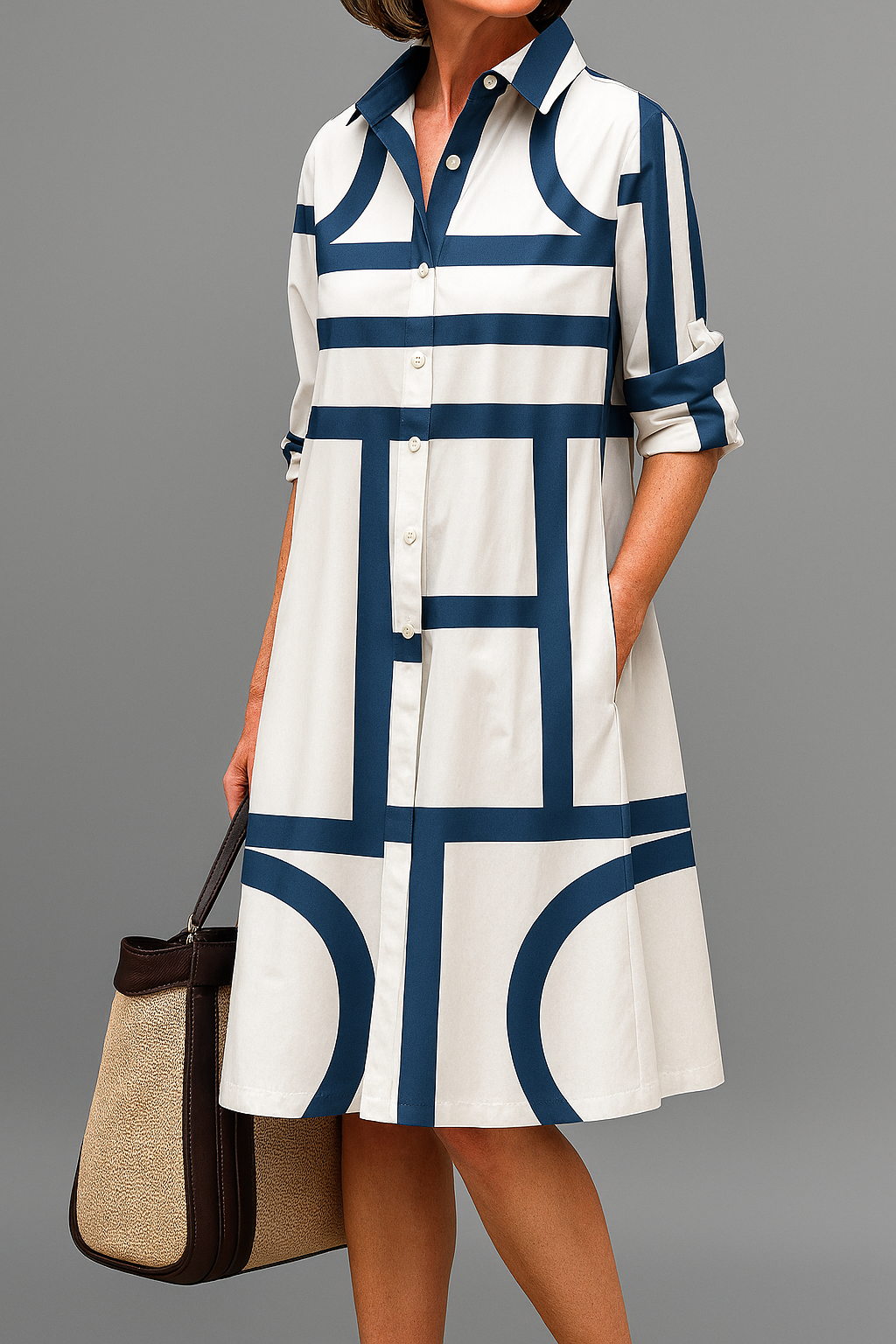 Trendé™ | Sienne Gepflegtes Midi-Kleid in Weiss-Blau