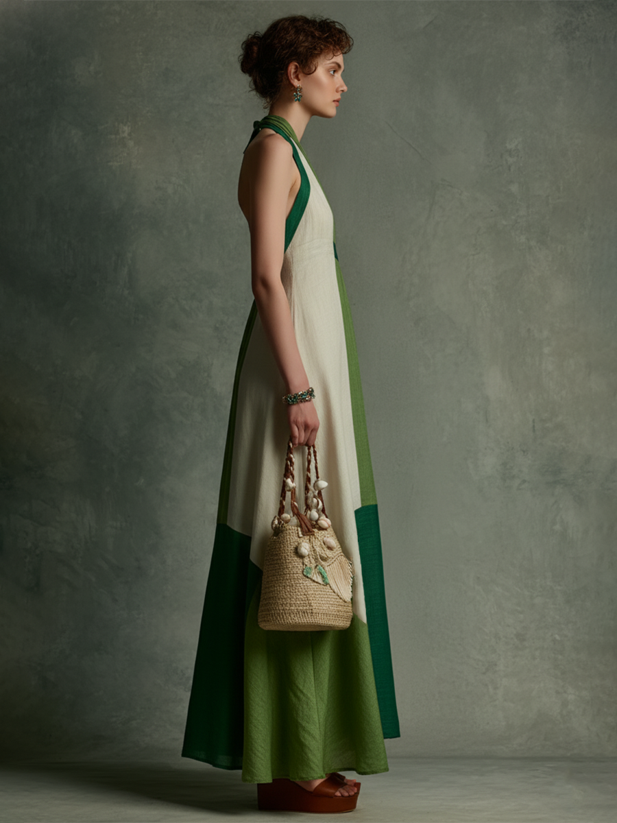 Trendé™ | Thalia Leinenmix-Maxikleid mit Neckholder-Ausschnitt und V-Ausschnitt