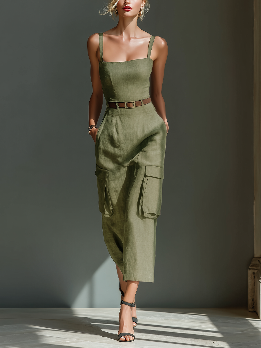 Trendé™ | Olivia Leinenmix-Midikleid mit ärmellosem Schnitt und Gürtel