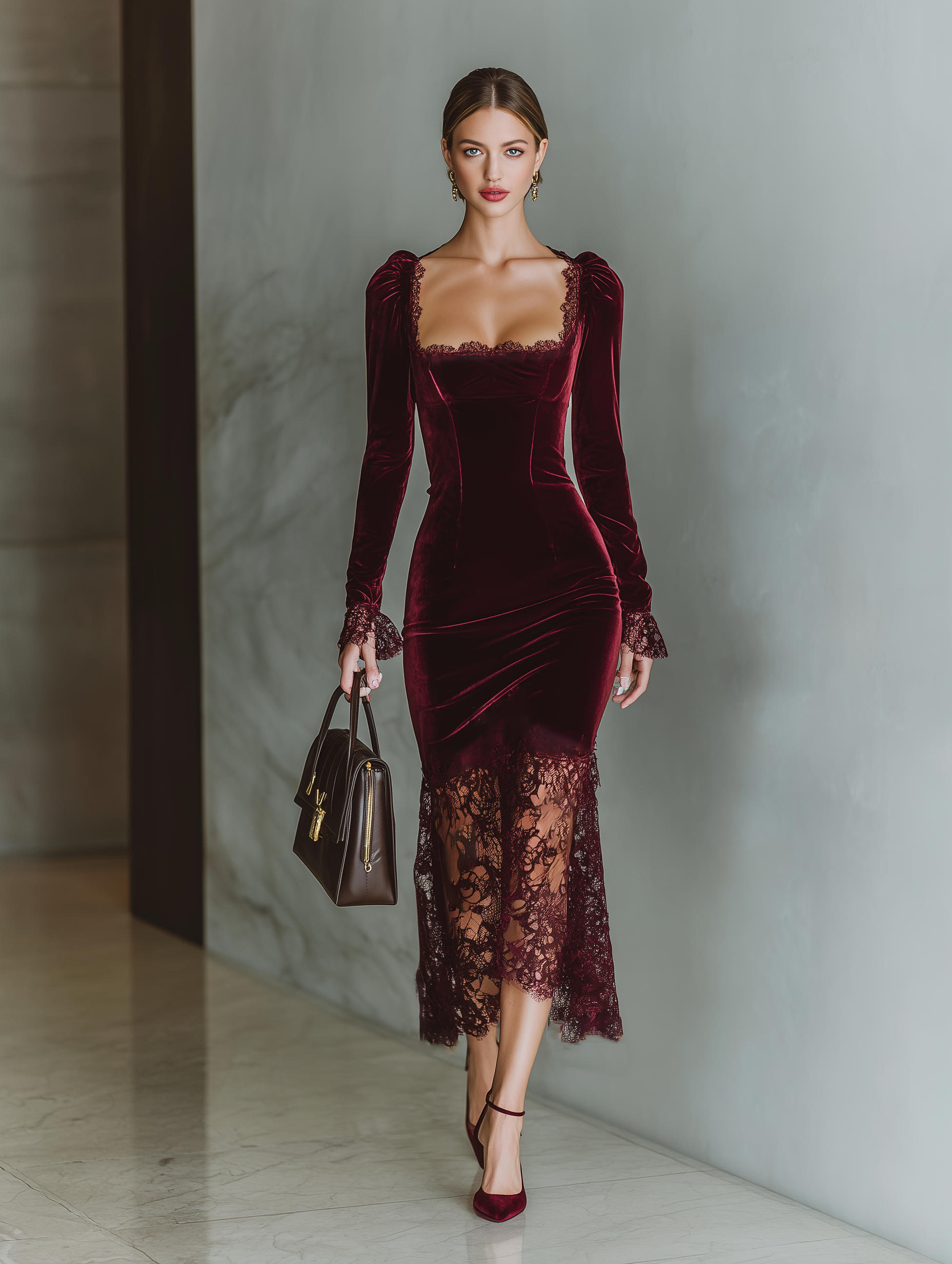 Trendé™ | Mathilda Velours-Maxikleid mit Spitzendetails und figurbetontem Schnitt