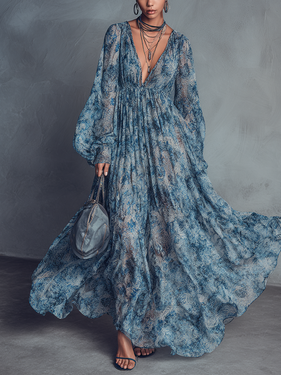Trendé™ | Viola Chiffon-Maxikleid mit V-Ausschnitt und Laternenärmeln