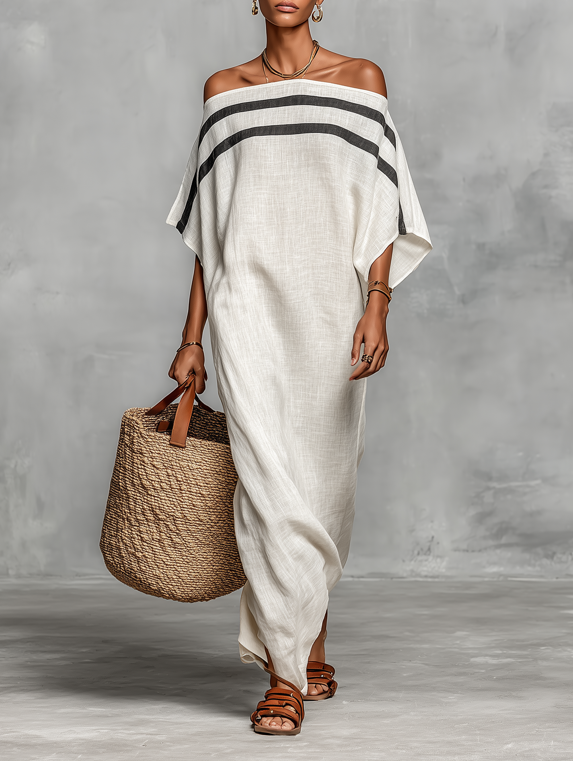 Trendé™ | Marina Leinenmix-Maxikleid mit Off-Shoulder-Schnitt und minimalistischem Stil
