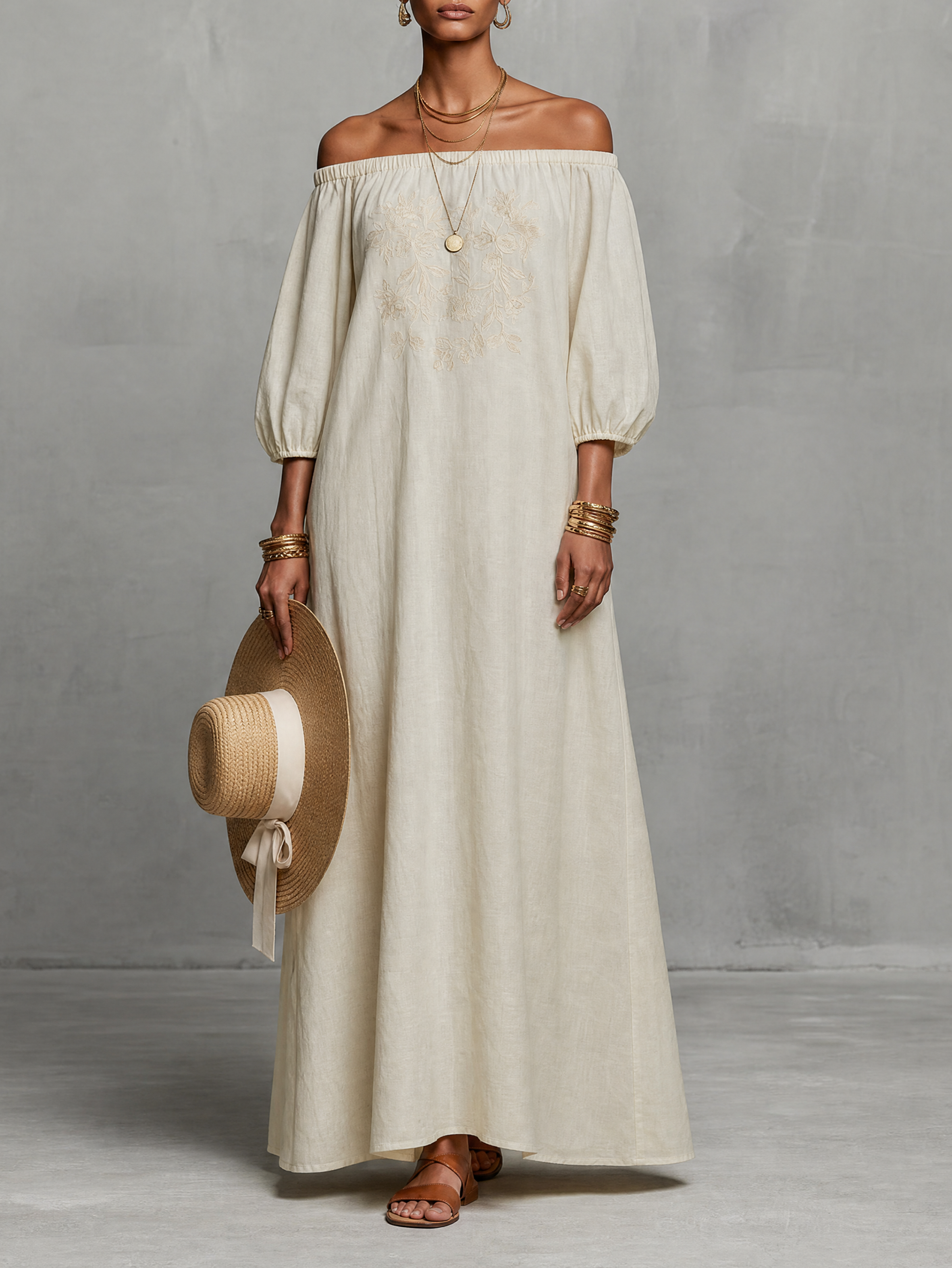 Trendé™ | Selina Maxikleid mit Off-Shoulder-Schnitt und Stickerei