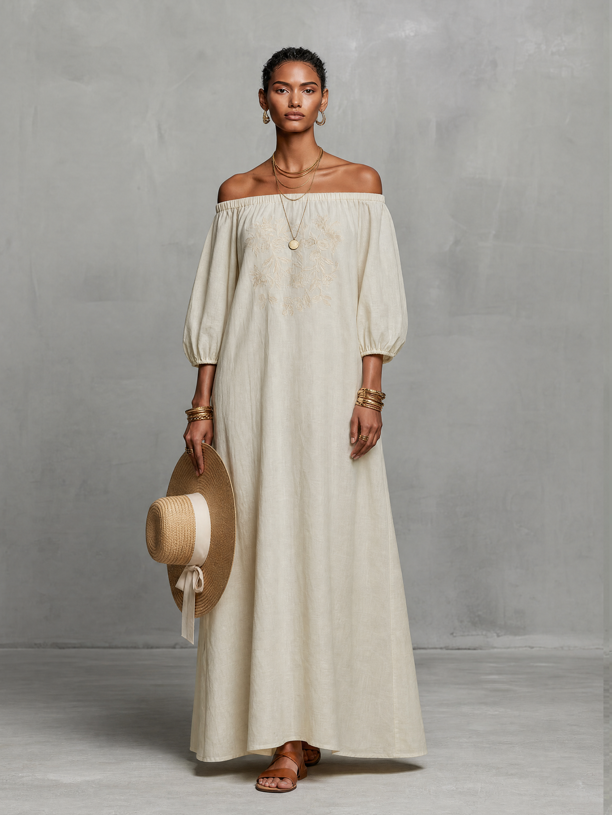 Trendé™ | Selina Maxikleid mit Off-Shoulder-Schnitt und Stickerei