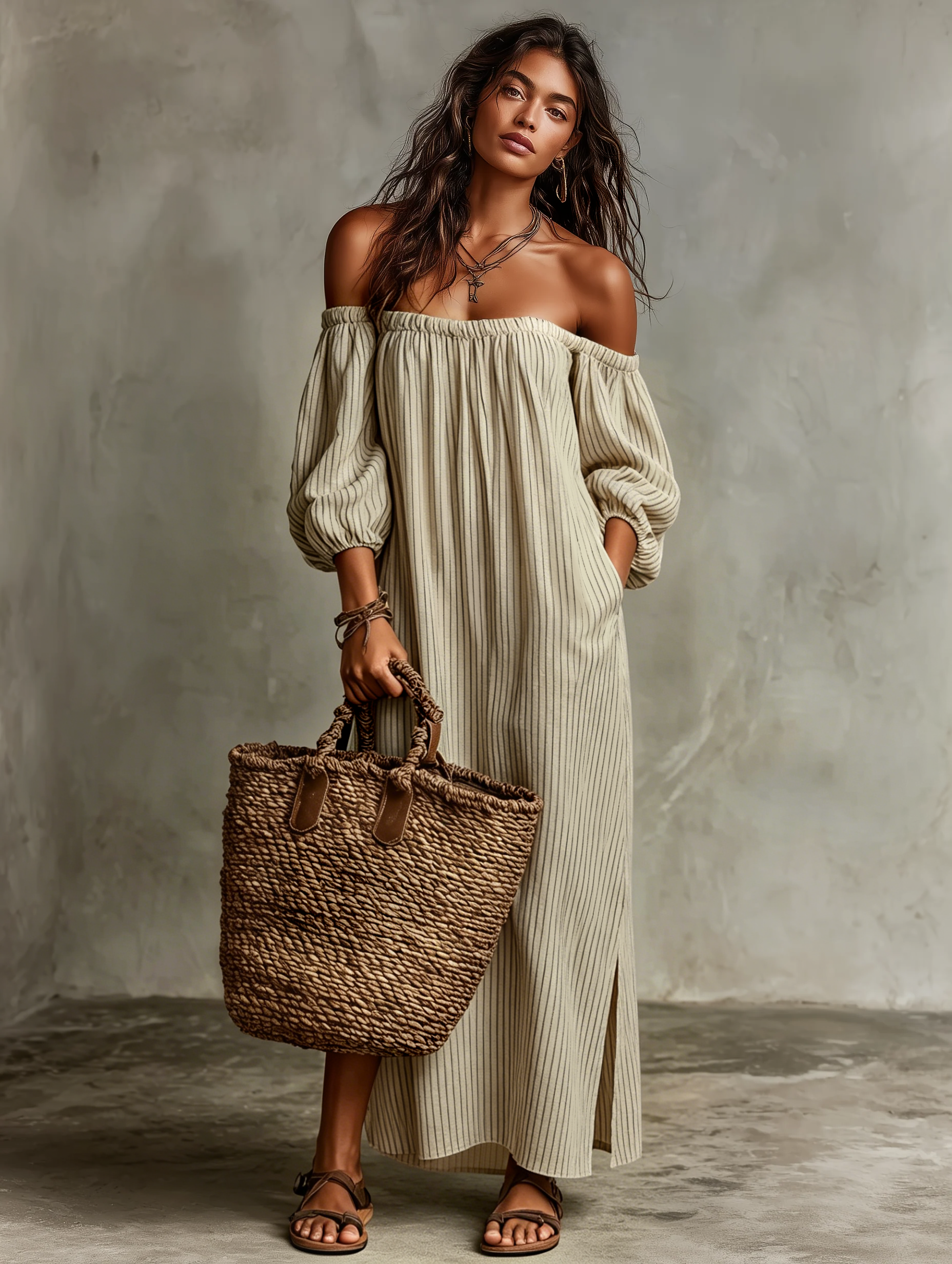 Trendé™ | Emilia Baumwoll-Leinen-Maxikleid mit Off-Shoulder-Schnitt und langen Ärmeln