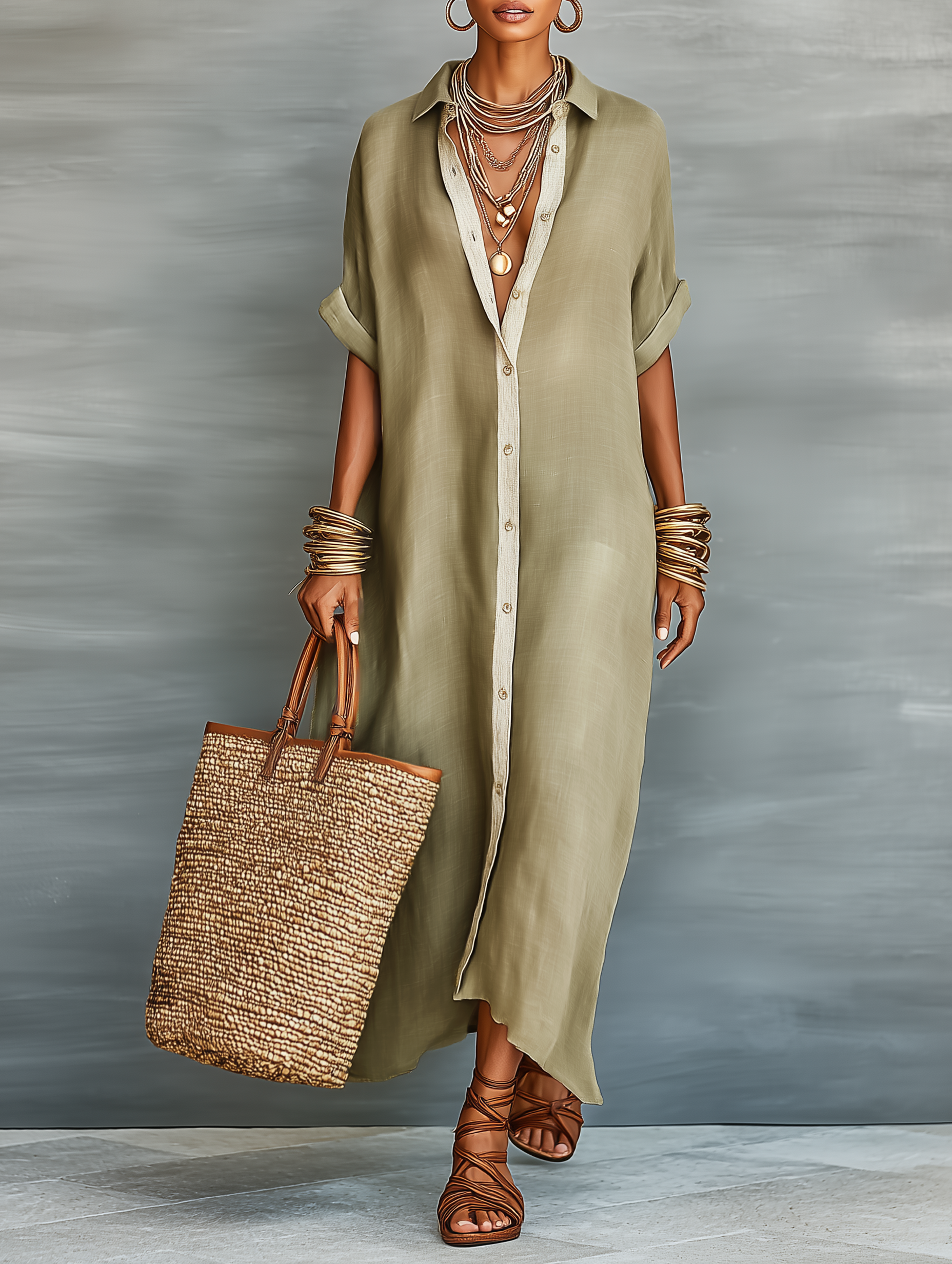 Trendé™ | Aurora Leinenmix-Maxikleid mit kurzen Ärmeln und minimalistischem Stil
