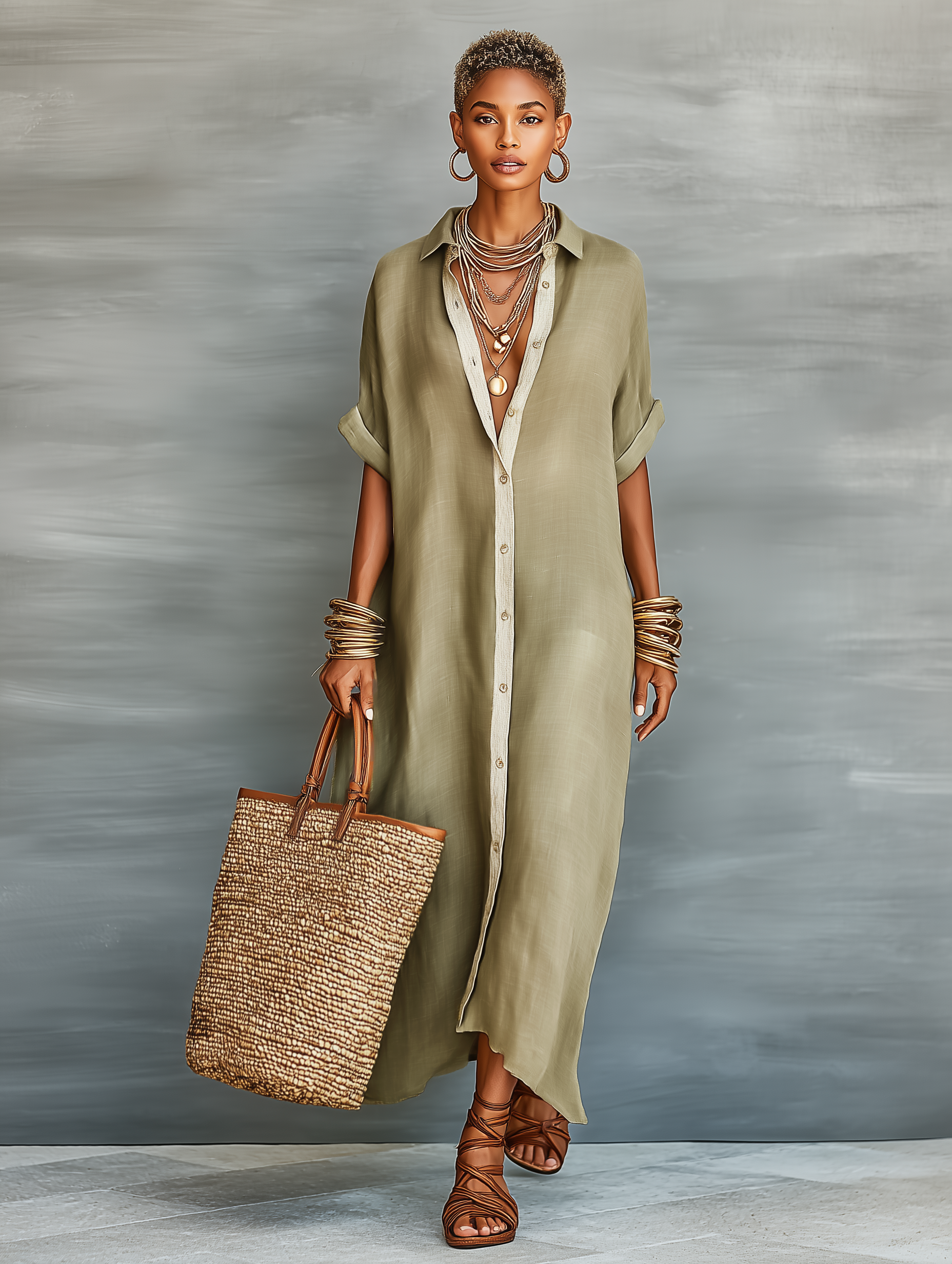 Trendé™ | Aurora Leinenmix-Maxikleid mit kurzen Ärmeln und minimalistischem Stil