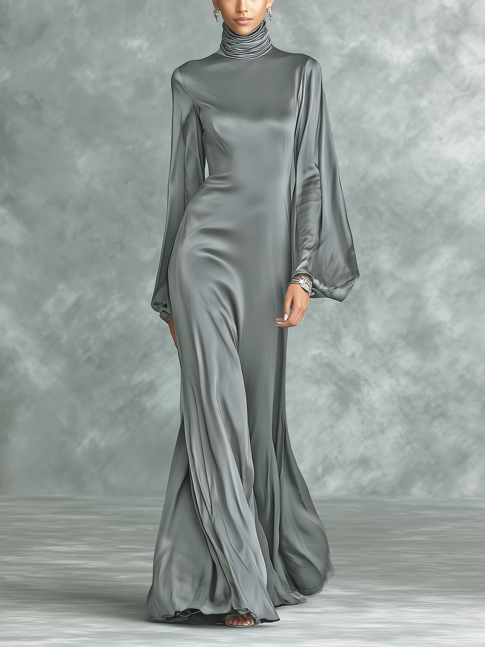 Trendé™ | Agata Satin-Maxikleid mit langen Ärmeln und lockerer Passform